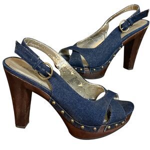 Xhilaration Y2K Block Platform Heels With Denim Upper Strap Blue Brown Size 9.5